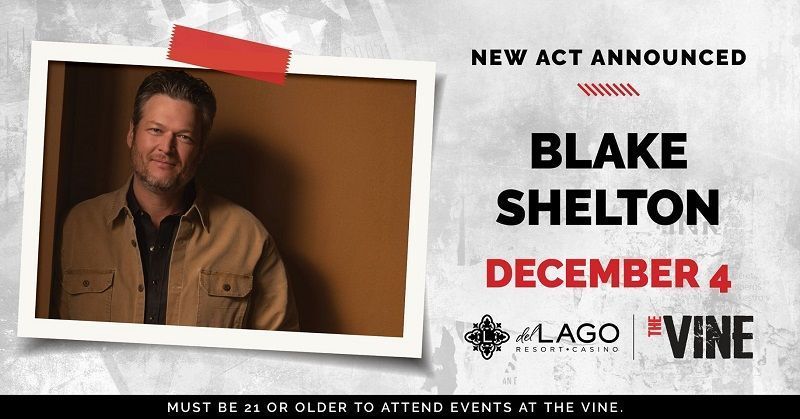 Blake Shelton se apresentará no del Lago Casino & Resort em 4 de dezembro